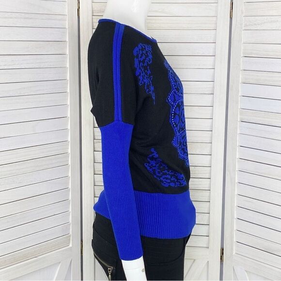 Laura Petites Mandala Print Rhinestone Colorblock Sweater Black Blue XS - Picture 3 of 12